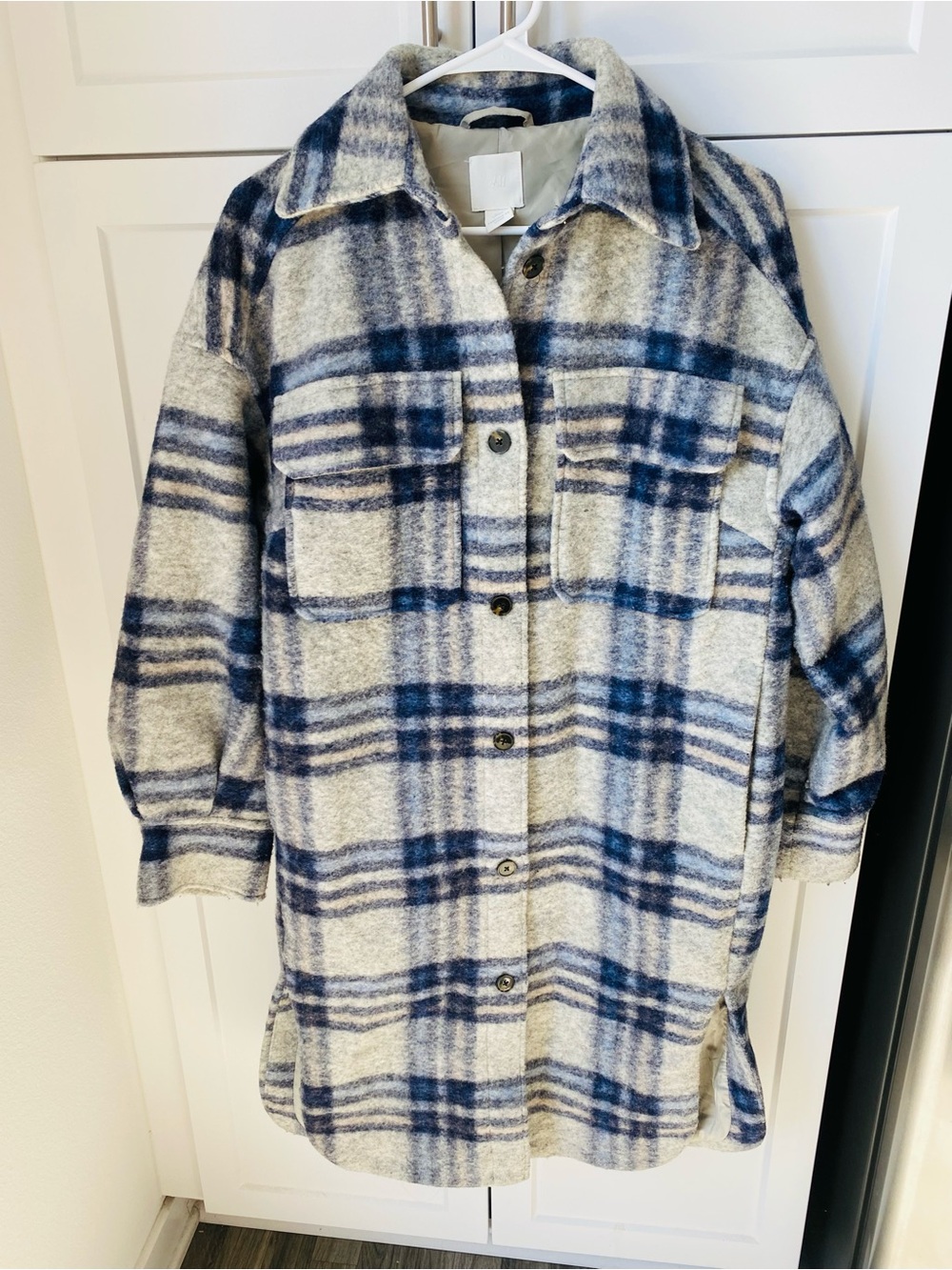 H&M oversized wool plaid peacoat jacket womens XS nwot